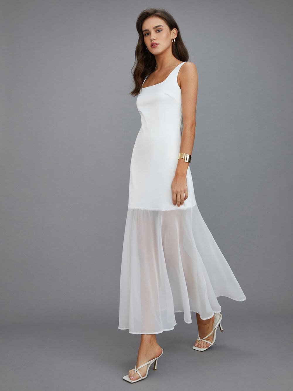Commense Satin Bridal White Sheer Chiffon Overlay Minimalist Maxi Dress NWT L